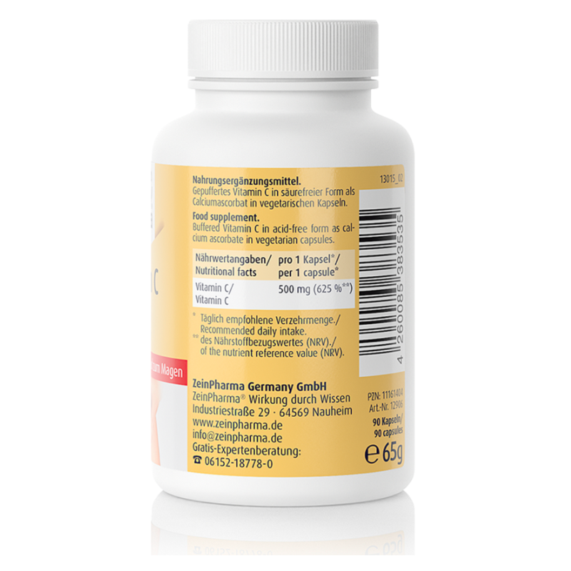 Vitamin C Buffered 500mg 90 caps Zein Pharma Label Nutritional Facts